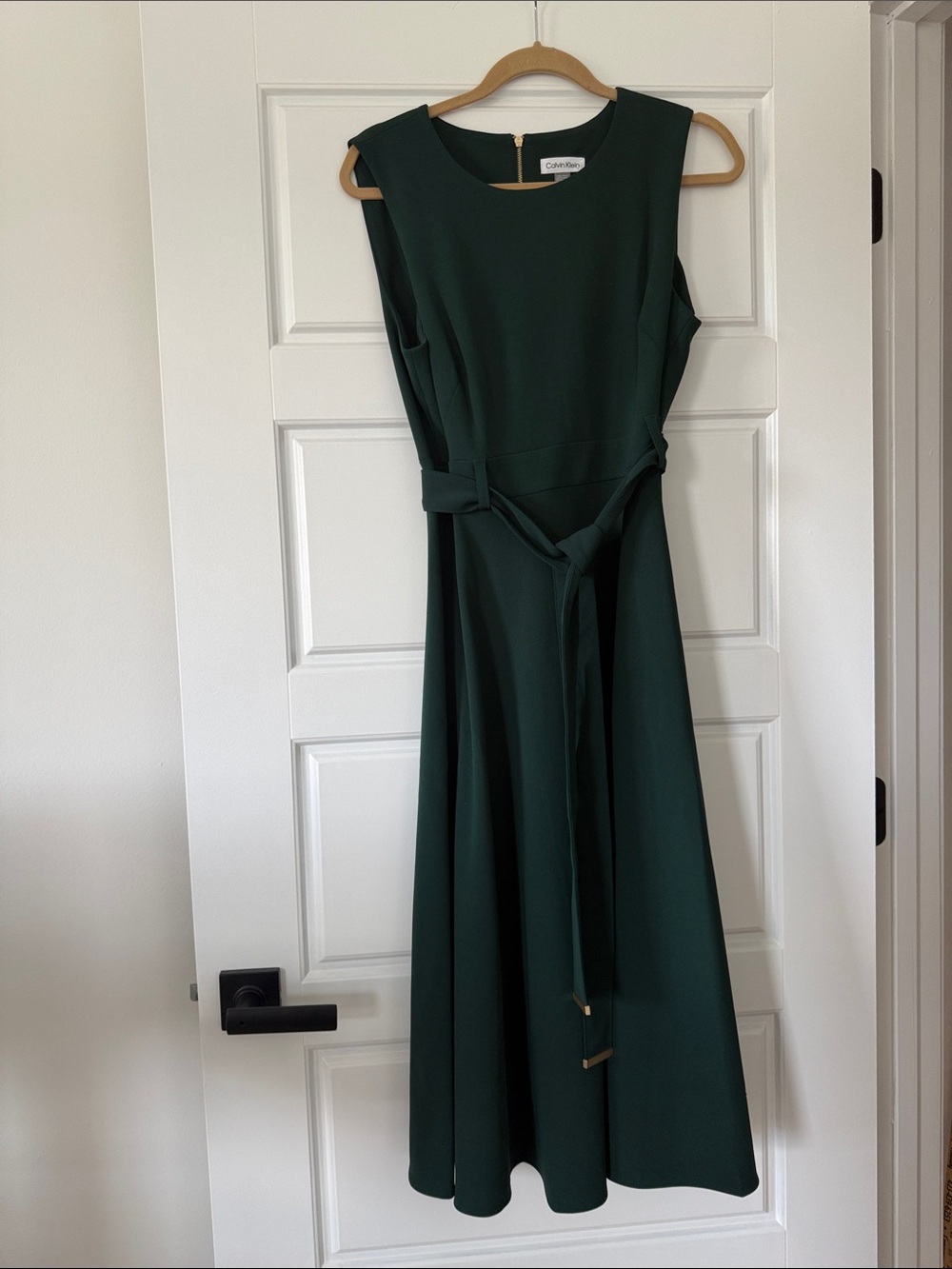 Calvin Klein Dark Green Sleeveless Belted Midi Dress